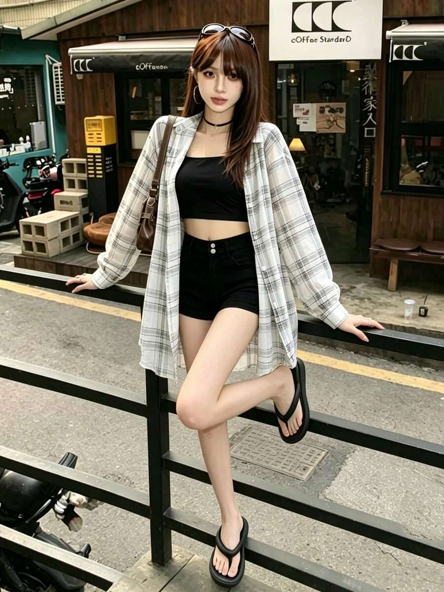 1件女款紫色格紋長袖襯衫,適合疊穿與秋季穿搭,休閒寬鬆外套上衣 - 白色 - 查看 1