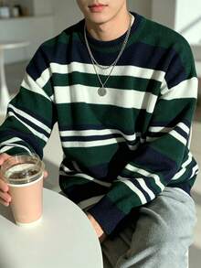 Men's Vintage Contrast Color Striped Crew Neck Pullover Knit Sweater, Loose Fit Long Sleeve Sweater, Autumn/Winter Casual Top - Green - View 6