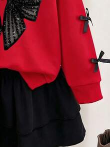 Young Girl Cartoon Print Crew Neck Long Sleeve Sweatshirt And Skirt Set - Red - View 6