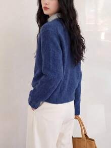 Women's Autumn/Winter Casual Minimalist Solid Color Round Neck, Wool Blend Yarn, Knitted Cardigan Jacket - Blue - View 2
