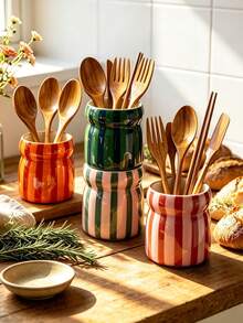 4pcs Handmade Wavy Ceramic Utensil Holder, Glossy Macaron Color Cutlery Storage Canister, Kitchen Countertop Utensil Organizer, Multi-Functional Spoon Fork Chopstick Holder, Farmhouse Style Tabletop Home Decor - Multicolor - View 6