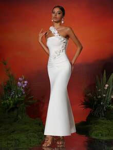 Love Aing Women's Elegant Romantic Pure White 3D Floral One-Shoulder Sleeveless Ruched A-Line Wedding Birthday Party Evening Mermaid Dress - White - View 9