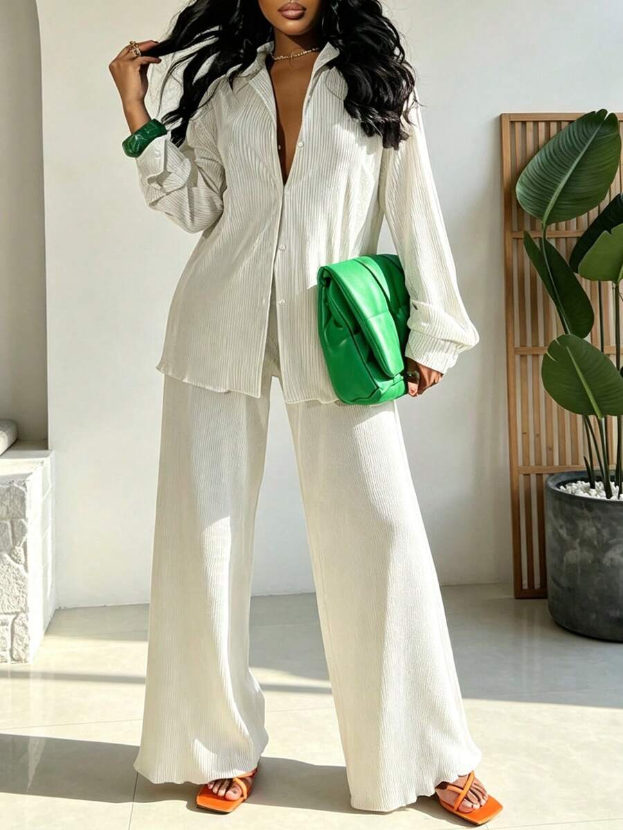 2pcs Women's Casual Printed Pleated Shirt & Wide Leg Pants Set Spring White Elegant - White - View 1