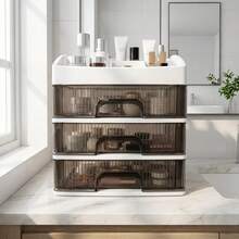 Multi-Tier Makeup Storage Box With Clear Top Tray & Semi-Transparent Drawers | 3 / 4 Drawer Vanity Organiser For Brushes, Lipsticks & Palettes | Stackable Cosmetic Display Unit - Multicolor - View 9
