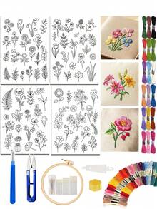 72件組成人初學者刺繡入門套裝，預印野花與葉片水溶性襯布圖案，含刺繡框、刺繡線、刺繡針與工具 - 多色 - 查看 1