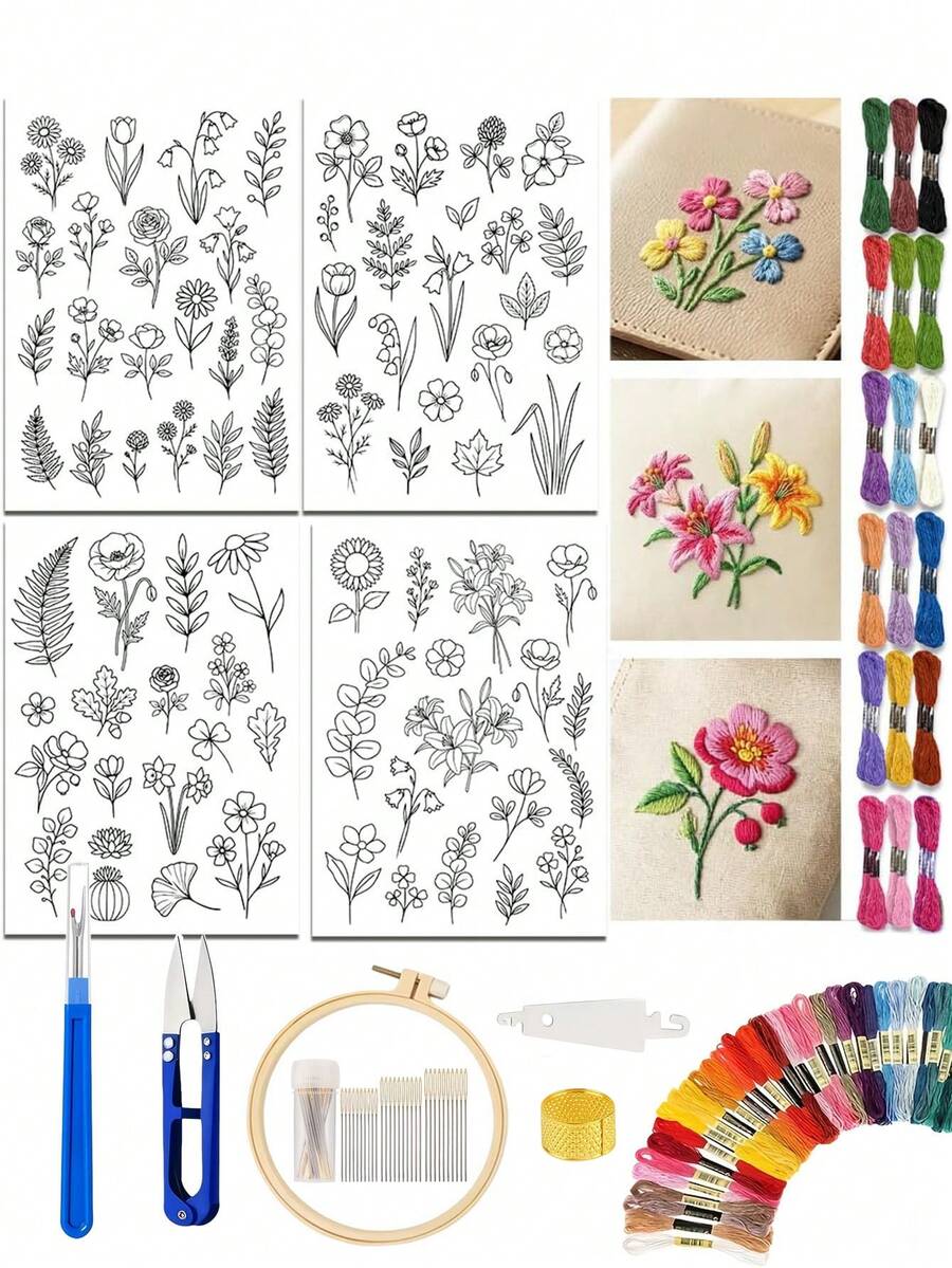 72件組成人初學者刺繡入門套裝,預印野花與葉片水溶性襯布圖案,含刺繡框、刺繡線、刺繡針與工具 - 多色 - 查看 1