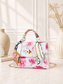Silk Scarf Decorated Colorful Printed Tote Bag (random Scarf Pattern) - Multicolor - View 2