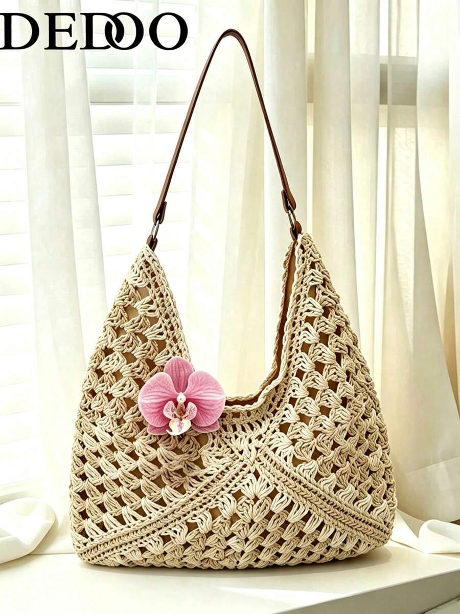 Dedoo Women's Hollow Crochet Straw Tote Shoulder Bag With Palm Tree Pendant, Large Capacity Bohemian Style Casual Summer Beach Bag (Random Pendant Hook)