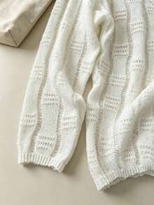 Casual Loose Thin Solid Color Minimalist Versatile Hollow Out Long Sleeve Knit Top - White - View 4