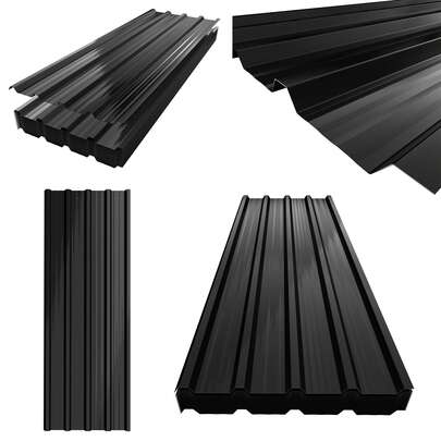 Trapezoidal Corrugated Metal Roof Sheets, Galvanized Steel 0.25mm Thick, 12 Pieces 129.5*45cm Total 6.99㎡, Roof Panels For Shed, Garage & Garden House, Black, Includes 120 Screws And Work Gloves