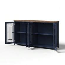 This 160cm Wide Kitchen Sideboard Features Glass Doors, A Large Storage Compartment, A Wood-Effect Worktop, And An Anti-Tip System. This Modern Sideboard Is Suitable For Kitchens, Dining Rooms, And Living Rooms. - Blue - View 8