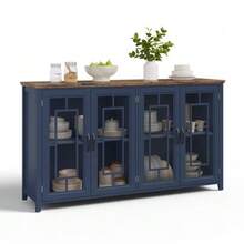 This 160cm Wide Kitchen Sideboard Features Glass Doors, A Large Storage Compartment, A Wood-Effect Worktop, And An Anti-Tip System. This Modern Sideboard Is Suitable For Kitchens, Dining Rooms, And Living Rooms. - Blue - View 10