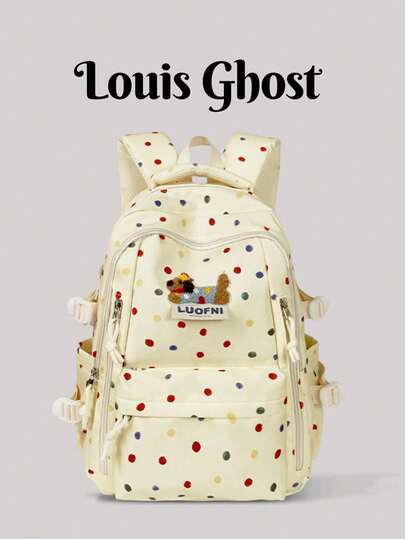 [Playful Polka Dot Backpack]Dual Zipper Main Compartment, Front Layered Pockets, Side Elastic Mesh Pockets, Super Storage Capacity, Books, Water Bottles, Stationery All In Their Place; Suitable For Students/Commuters. Whether For School, Outings, Shopping Or Photo Shoots, It's Your Eye-Catching Accessory.