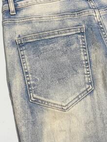 刺繡牛仔褲、喇叭褲、刺繡字母文字男款牛仔褲、喇叭褲、喇叭褲、男款修身褲、男款緊身褲、破舊喇叭褲、拼接喇叭褲、水洗牛仔褲、Y2K 堆疊褲、對比水洗拼接刺繡、四季穿著 - 藍色 - 查看 4