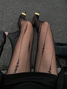 1 Pair Black Vertical Striped Fishnet Tights, Lightweight Skin-Friendly Breathable, Slimming Tight-Fitting Pantyhose, Suitable For Hot Girls Commuting And Dating - Black - View 6