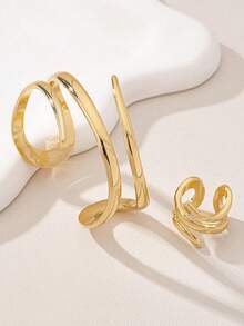 1 Set (1 pieza Brazalete de línea geométrica dorada y 1 pieza Anillo grueso de línea geométrica) - Dorado - Ver 8