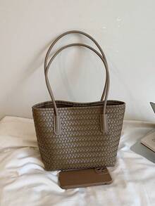 High-End Faux Leather Woven Texture Zipper Tote Bag, Large Capacity Commuter Handbag, Minimalist Versatile 2 Pieces Set Women's Bag - Grey - View 8