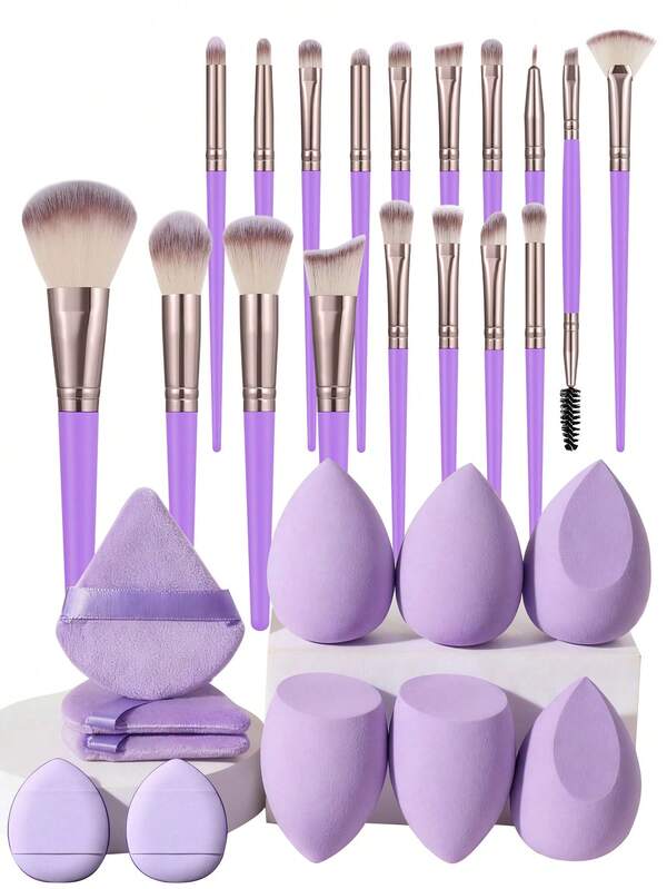 29Pcs/6pcs Purple Rose Gold Makeup Brush Kit, Purple Waterdrop Cosmetic Sponges Triangle Mini Finger Velvet Puffs Dry Wet Dual Use Makeup Applicator Tool Set