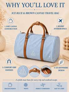 3CE Blue & Brown Canvas Travel Bag, Durable Canvas With Brown Leather Handles, Smooth Zipper Closure, Large Capacity, Lightweight Handheld, Daily Use - Blue-brown - View 5