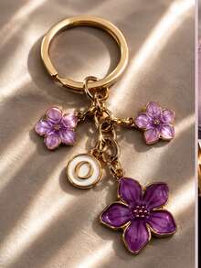 1pc Purple Floral Metal Keychain With Oil Drip Effect, Cute 5-Petal Flower Bag Charm, Student Back To School Gift, Car Accessory Pendant, Key Chain For Teachers, Moms, Friends Birthday Gift, Floral Jewelry, Back To School Gift, Halloween Gift - Purple - View 9