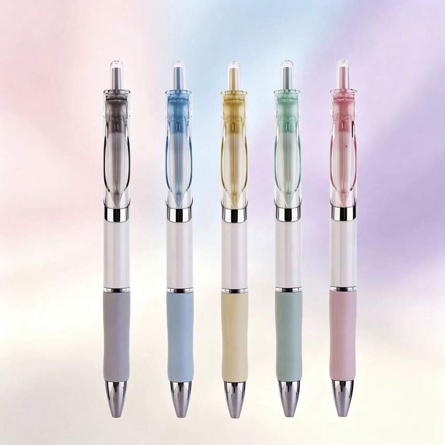 5PCS Macaron Transparent Press Gel Pens Set, Soft Silicone Grip Smooth Writing Ballpoint Pens, Cute Pastel Color Retractable Signature Pens, Back To School Office Student Writing Stationery, Random Color - A - View 1