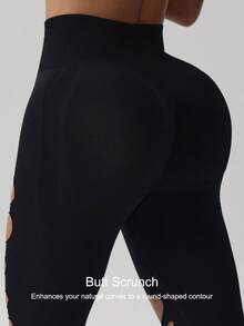 Distressed Long Pants, Tight Yoga Pants, Waist Shaping And Hip Lifting - Black - View 6
