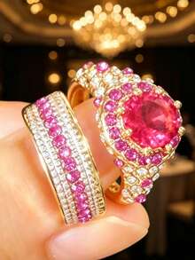 Gmzalx Glamorous Shiny Round Red Halo Fashion Set, Perfect For Anniversary And Birthday Gifts - Red - View 3