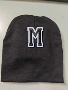 1pc Cute Alphabet Baby Beanie Hat, Soft Stretchy Infant Skull Cap With Chenille Letter Patch, Personalized Newborn Hat, Baby Girls Boys Daily Wear - Black - View 5