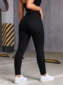 Women's Casual Black Slim Fit Jeans, Button And Zipper Detail Design, Long Length, Medium Stretch, Suitable For Autumn/Winter Wear. - Black - View 4