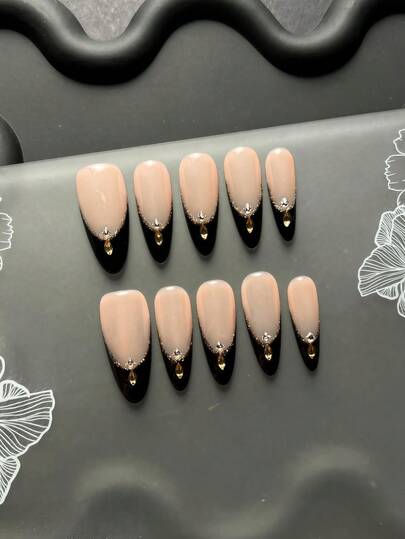 10 piezas de uñas postizas hechas a mano, estilo Y2K, estilo francés, con strass en forma de lágrima dorada y borde de purpurina, arte de uñas de verano, uñas 3D, uñas con forma de almendra, uñas negras, reutilizables, adecuadas para uso diario/vacaciones.