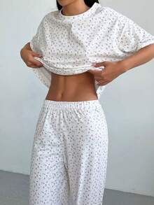 2pcs Women's Spring/Summer Pastoral Style Fresh Ditsy Floral Loungewear Set, Round Neck Top And Wide Leg Pants, Suitable For Daily Wear - White - View 8