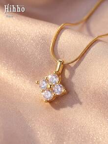Hihho 1pc Luxury Clover Zirconia Pendant Necklace, Snake Chain, Versatile Daily Commute Elegant Neck Accessory Gift - Four Leaf Clover - View 9