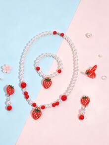 5pcs/Set Children's Sweet & Cute Strawberry Jewelry Set, Includes Necklace, Bracelet, Ring And Earrings, Suitable For Holiday Parties, Daily Wear - Multicolor - View 5