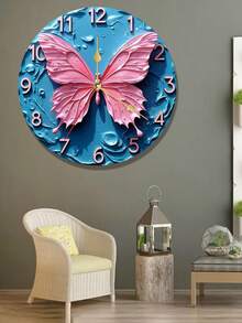 2D flache Wanduhr, rosa Schmetterlingsmuster-Themendesign, eine leise Holzwanduhr, geeignet für Wohnzimmer, Schlafzimmer, Bürodekoration, moderner Stil Wanduhr, Batterie nicht enthalten, 2D flach - Verschiedenfarbig - Übersicht 4