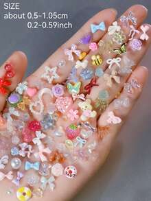 Aprox. 1100 piezas/100g de dijes mixtos para arte de uñas, estilo sexy con perlas, corazones, lazos y decoración de dibujos animados, accesorios de arte de uñas con flores, material de resina con forma de corazón de rosa, adecuado para joyería DIY, arte de uñas u otros accesorios decorativos, estilos aleatorios - aleatorio - Ver 6