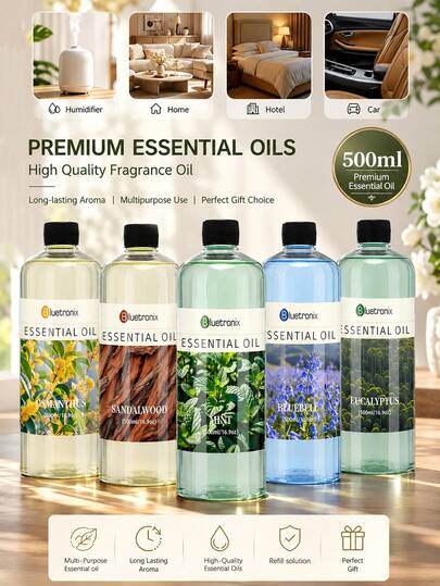 500ml 芳香療法精油補充液，大容量擴香油，適用於芳香擴香機的精油，居家香氛補充液，加濕器芳香油，室內空氣清新香氛，持久留香，多種香調可選：薰衣草、玫瑰、櫻花、藍鈴花、桂花、茉莉、檸檬、梨與小蒼蘭、古龍水、尤加利、薄荷、檀香等