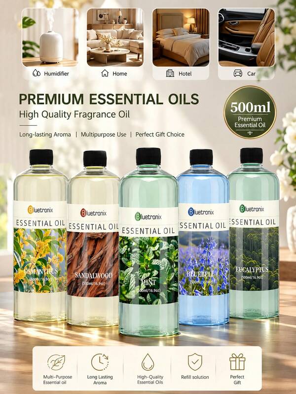 500ml 芳香療法精油補充液，大容量擴香油，適用於芳香擴香機的精油，居家香氛補充液，加濕器芳香油，室內空氣清新香氛，持久留香，多種香調可選：薰衣草、玫瑰、櫻花、藍鈴花、桂花、茉莉、檸檬、梨與小蒼蘭、古龍水、尤加利、薄荷、檀香等