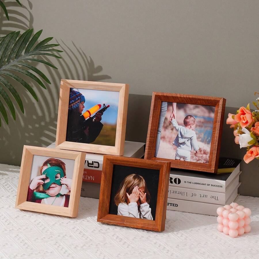 1/3pcs Square Natural Wooden Photo Frames, Dual-Color Light Oak And Dark Walnut Desktop & Wall-Mounted Frames, Minimalist Rustic Style Square Portrait Frames, Suitable For Children, Baby, Family Milestone Photography, Ideal For Nursery, Bedroom, Living Room And Apartment Decor, Children's Growth Memory Display Gift, Suitable For Baby Shower, Housewarming, Birthday And Other Occasions - Multicolor - View 1