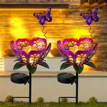 Purple Tulip Solar Ground Light, Metal Flower Cracked Glass Solar Pathway Light, Waterproof Garden Lawn Decorative Landscape Light With Butterfly - 紫色花朵地插 - 查看 3