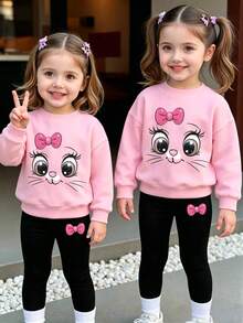 Young Girl Cartoon Print Round Neck Long Sleeve Top And Fitted Long Pants - Pink - View 1