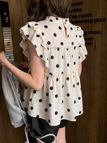Sweet Polka Dot Cap Sleeve Blouse, Summer Unique Design Frill Trim Loose Casual Top For Women - Apricot - View 8