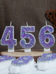 1 pezzo Candela numero 0-9 con pentagramma glitterato viola, stile principessa, stile girly, fatta a mano fai-da-te, decorazione per torta di compleanno per bambini - Lilla Viola - Visualizzare 4