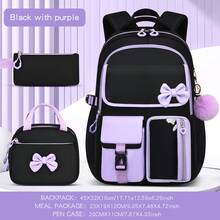 3pcs Colorblock Bow Decor With Plush Ball Pendant Large Capacity Backpack Set, Campus Style - Sets - View 9