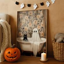1pc Frameless Halloween Ghost Cat Bubble Bath Pattern Horror Bathroom Wall Art Poster, Aesthetic Apartment Living Room Bedroom Decor, Back To School Personalized Poster, Dorm Essentials - Frameless - View 5