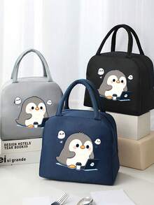 1 Pc, Creative Penguin Pattern Printed Insulated Bento Bag, Large Capacity Handheld Lunch Box Bag, Suitable For Office Workers And Travel - one-size - View 1