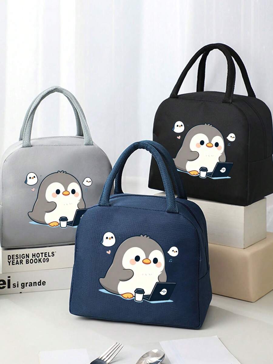 1 Pc, Creative Penguin Pattern Printed Insulated Bento Bag, Large Capacity Handheld Lunch Box Bag, Suitable For Office Workers And Travel - one-size - View 1