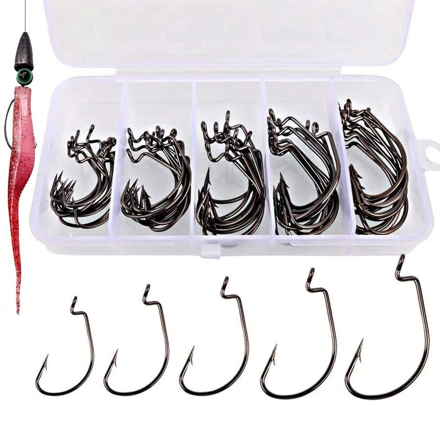 Offset Shank Worm Hooks – High Carbon Steel Weedless Fishing Hooks For Soft Plastic Baits, Texas Rig, Freshwater & Saltwater – 100PCS In 5 Sizes With Plastic Box - Black - View 1