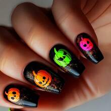 24PCS Halloween Long Ballet Nails, Glow-In-The-Dark Pumpkin, Ghost, Demon, Bat, Alien, Mummy, Spider, Skull Press-On Fingernails Set With Nail File And Jelly Glue, Suitable For Women And Girls, Y905 Multi-Color Pumpkin - Multicolor - View 7