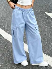 1pc Tween Girls' Fashionable Solid Color Casual Loose Cargo Pants With Multiple Pockets, Spring/Autumn - Dusty Blue - View 11