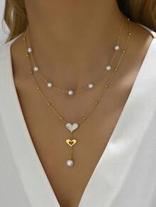 RAYQUEEN 1pc Fashion Double Layer Heart Pendant Pearl Stainless Steel Necklace, Sexy French Style Tassel Layered Choker Accessory For Women - Gold - View 7